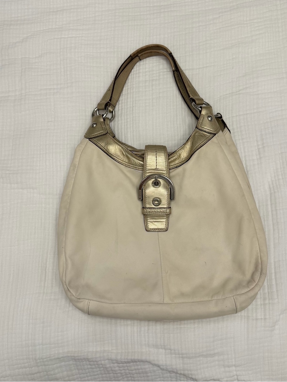 Vintage Coach Ivory Leather Buckle Hobo Shoulder Bag With Gold Trim